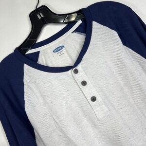 Old Navy Gray Blue Henley Mens XL Thermal Raglan Long Sleeve Shirt Soft Washed